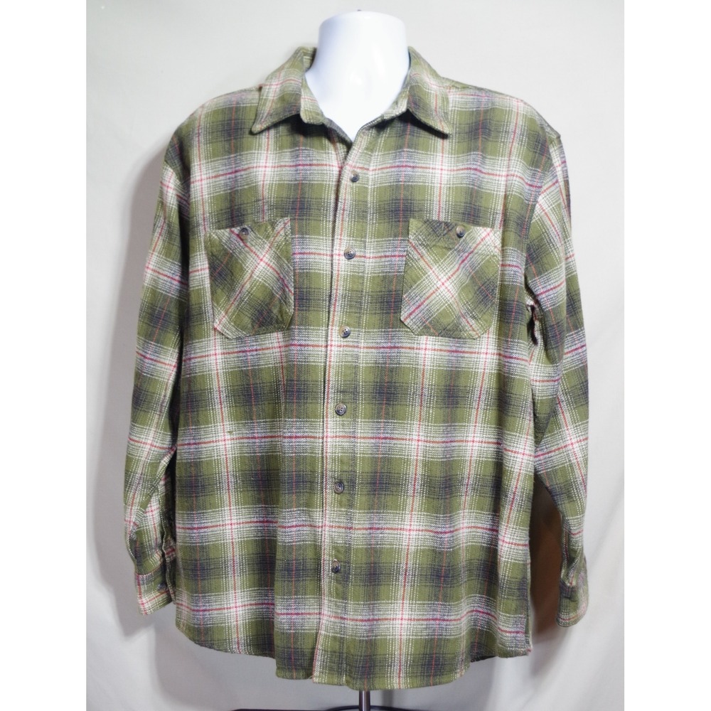 CE Schmidt Workwear Mens XL Flannel Shirt Olive Green Plaid Long Sleeve Cotton
